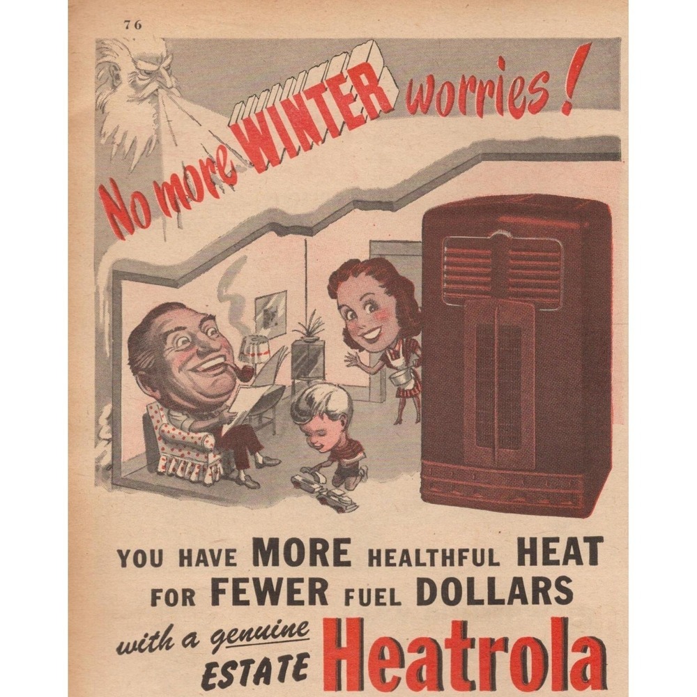 1947 Heatrola Vintage Print Ad Estate MCM Cabinet Heater Noma Hamilton Ohio